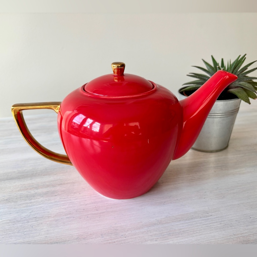 Indigo Red Ceramic Teapot with Gold Handle
